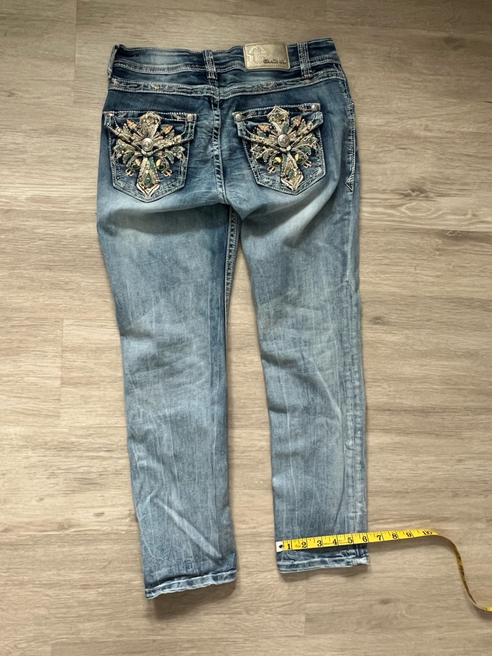 Grace Light Blue Capri Denim Jeans 28 Embroidered Pockets Pink Green/Teal - Picture 3 of 10